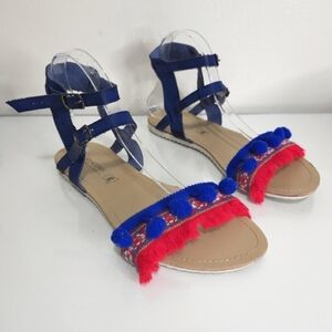 Anatomic Sandals Size 10.5/41 Leather Spanish Boho Multicolor Pom-Pom Fringed